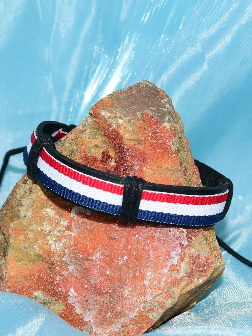 Rey Ribbon Slide Tie Leather Bracelet Red White Blue Stripe Mens Gift Boxed